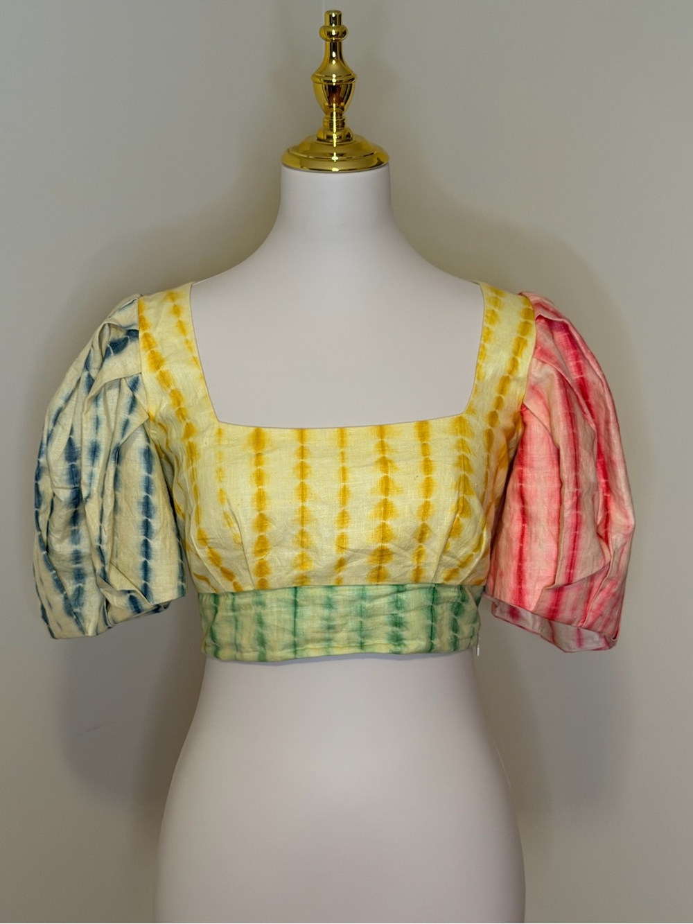 Alemais Multi-Color Tie-Dye Puff Sleeve Crop Top in Yellow, Blue, Pink, Green